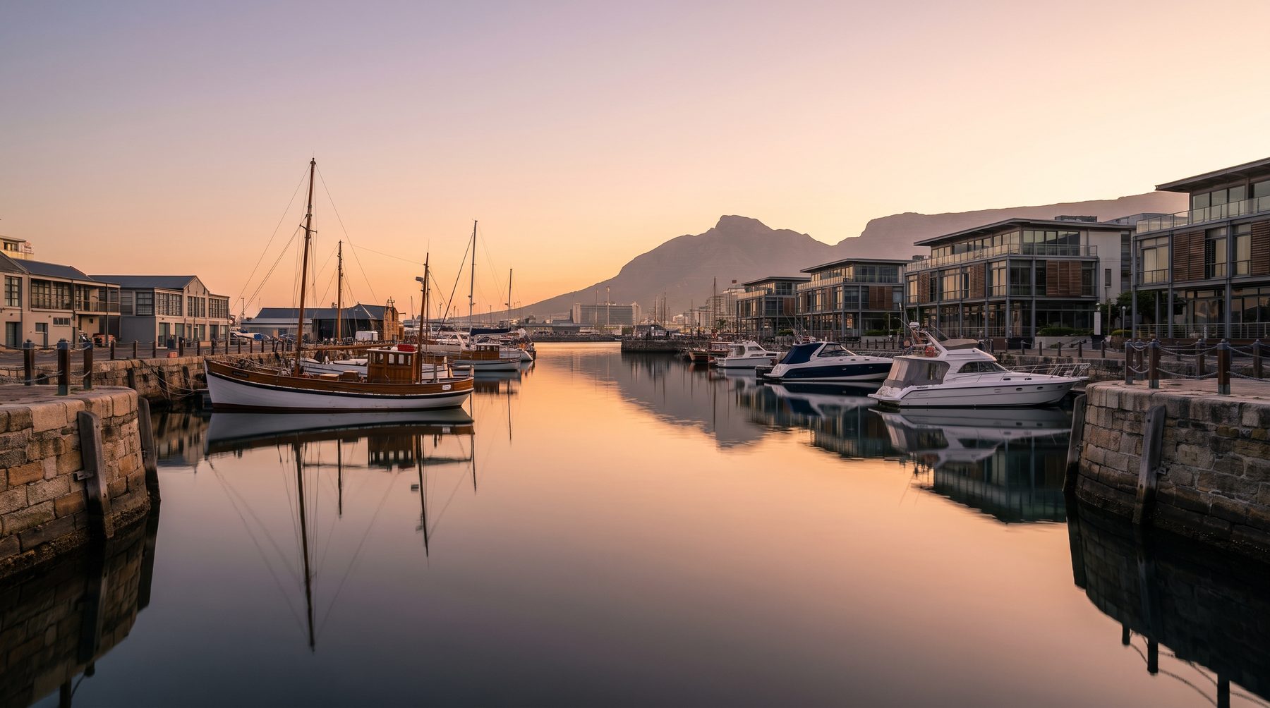 The V&A Waterfront canals at golden hour
